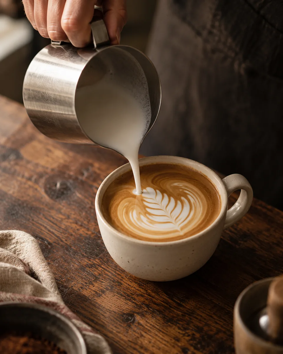 Milk poured from a steel pitcher into a ceramic cup of latte — generated image